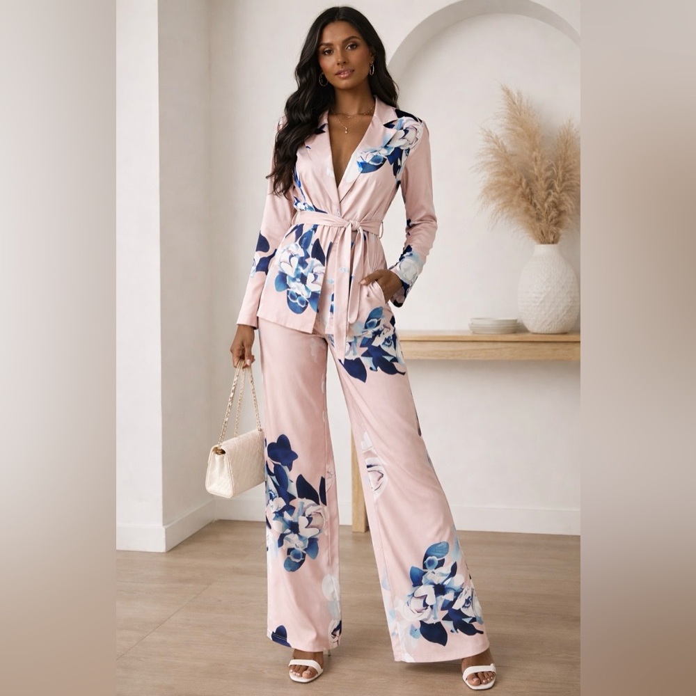 SHEIN Pink Floral Tie Waist Blazer & Pants Set